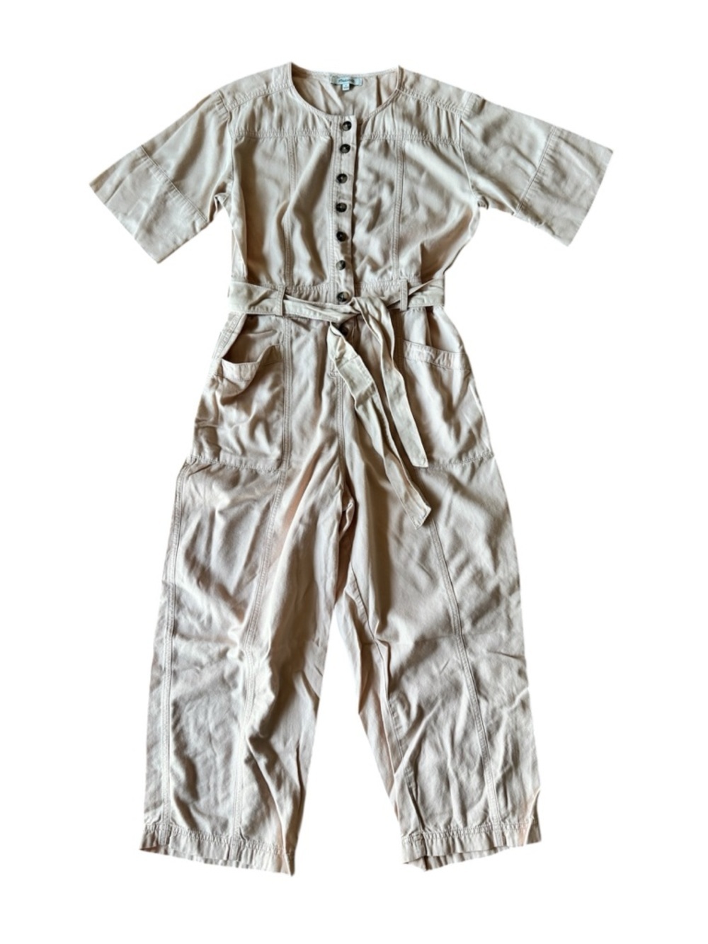 Madewell Top Stitched Coverall Jumpsuit Button Down Pink Blush Belted Size 0 - Picture 3 of 9